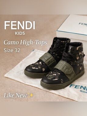 Fendi Kids High-Top Sneakers | Camo FF Strap | Black & Olive | Size 32
